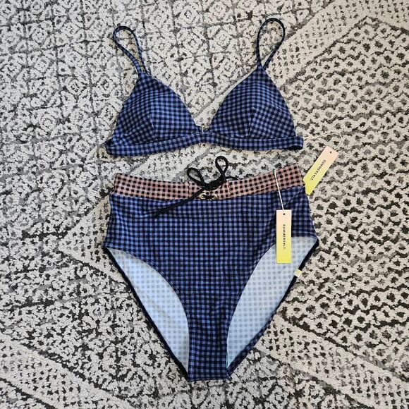 Summersalt Blue and Black Checkered High Waisted Swim Bottoms and Triangle Top S - Picture 1 of 4